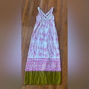 Loft Silk Maxi Dress Pink & Olive- Sleeveless V-Neck
